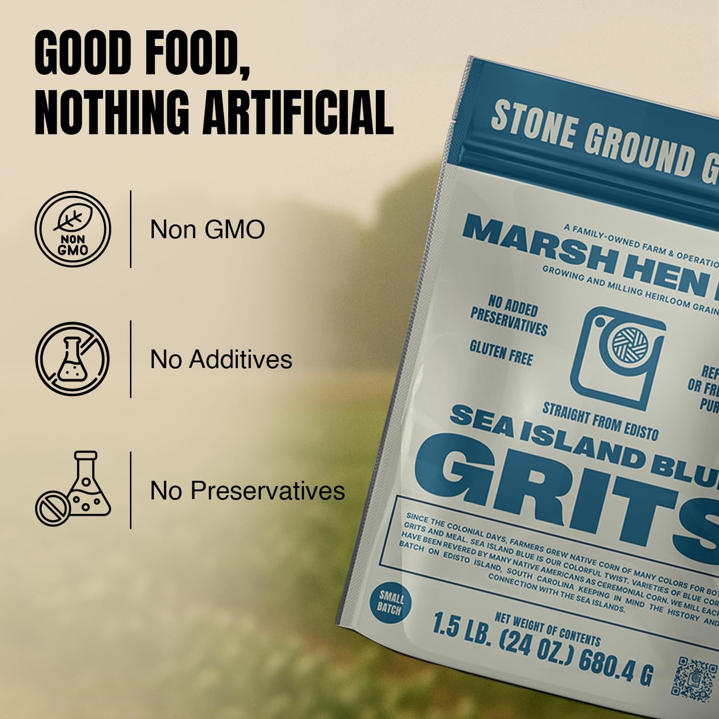Marsh Hen Mill Sea Island Blue Grits, Stone Ground, Gluten-Free Old Fashioned, Southern Heirloom Corn with Hearty, Fruity, Nutty Flavor, 100% Natural