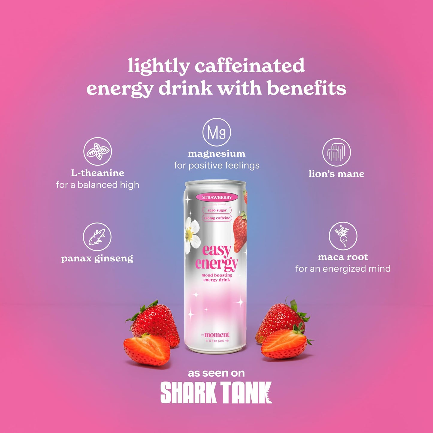 Easy Energy Drink (Strawberry) - Zero Sugar Sparkling Energy Drink with Natural Caffeine, Magnesium & Lion’s Mane - Clean Energy for Workouts & Busy