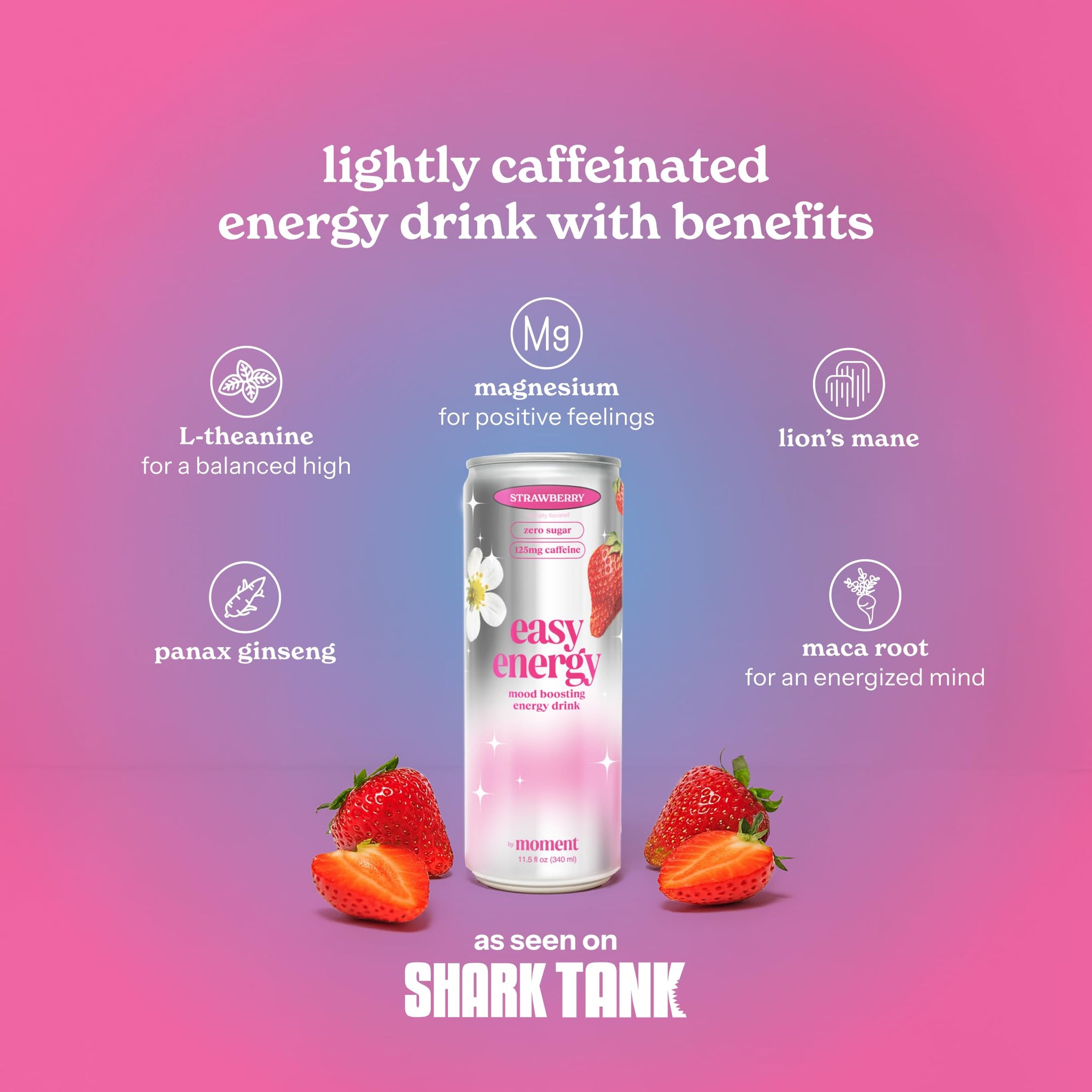 Easy Energy Drink (Strawberry) - Zero Sugar Sparkling Energy Drink with Natural Caffeine, Magnesium & Lion’s Mane - Clean Energy for Workouts & Busy