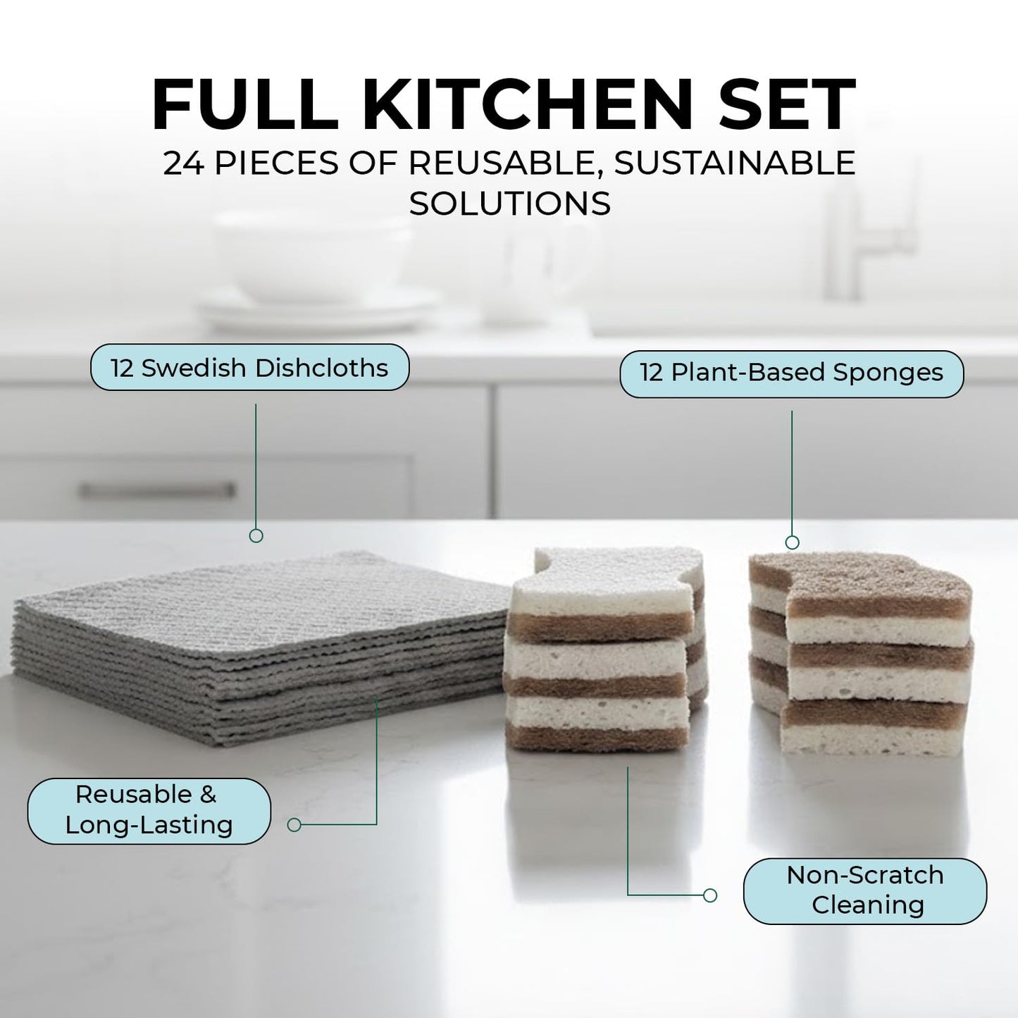 Swedish Dishcloths & Plant-Based Sponges 24 Pack - 12 Swedish Dishcloths for Kitchen, 12 Dish Sponges, Reusable Paper Towels & Cellulose Scrubber Set
