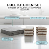 Swedish Dishcloths & Plant-Based Sponges 24 Pack - 12 Swedish Dishcloths for Kitchen, 12 Dish Sponges, Reusable Paper Towels & Cellulose Scrubber Set