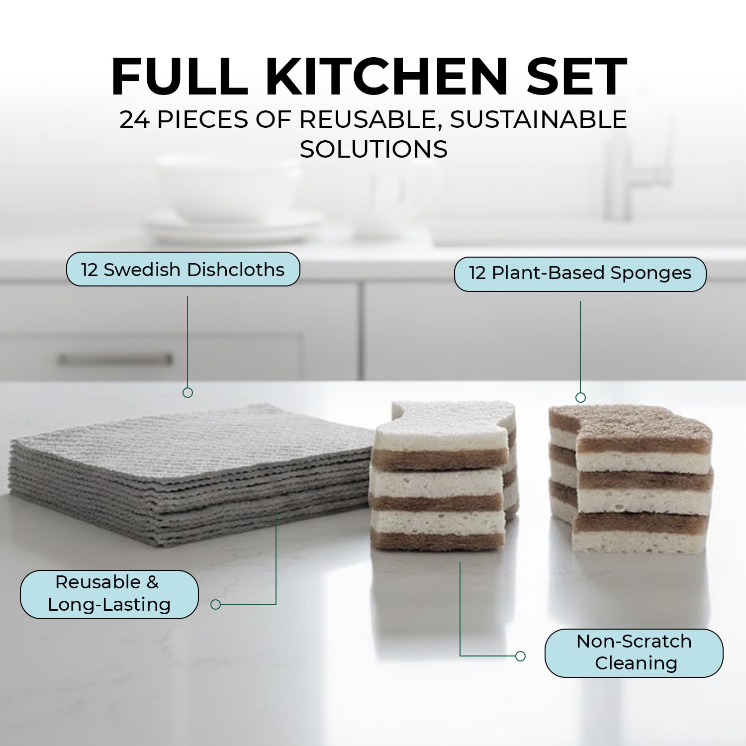 Swedish Dishcloths & Plant-Based Sponges 24 Pack - 12 Swedish Dishcloths for Kitchen, 12 Dish Sponges, Reusable Paper Towels & Cellulose Scrubber Set