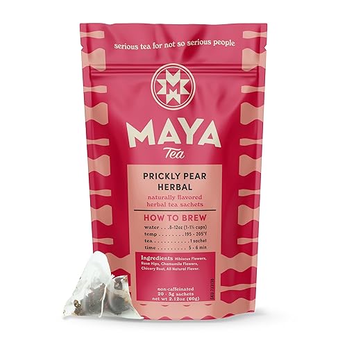 Maya Tea Prickly Pear Natural Flavor Herbal Tea Sachets, No Caffeine, Hibiscus & Chamomile Flowers with Rose Hip & Chicory Root, Pack of 20
