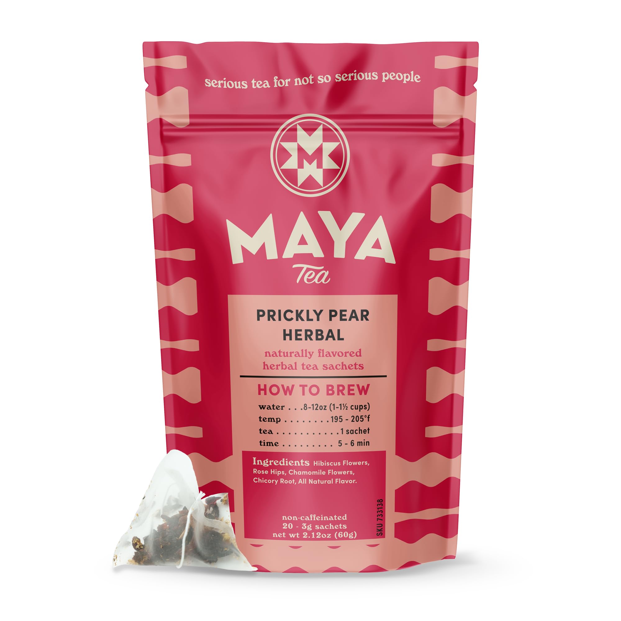 Maya Tea Prickly Pear Natural Flavor Herbal Tea Sachets, No Caffeine, Hibiscus & Chamomile Flowers with Rose Hip & Chicory Root, Pack of 20