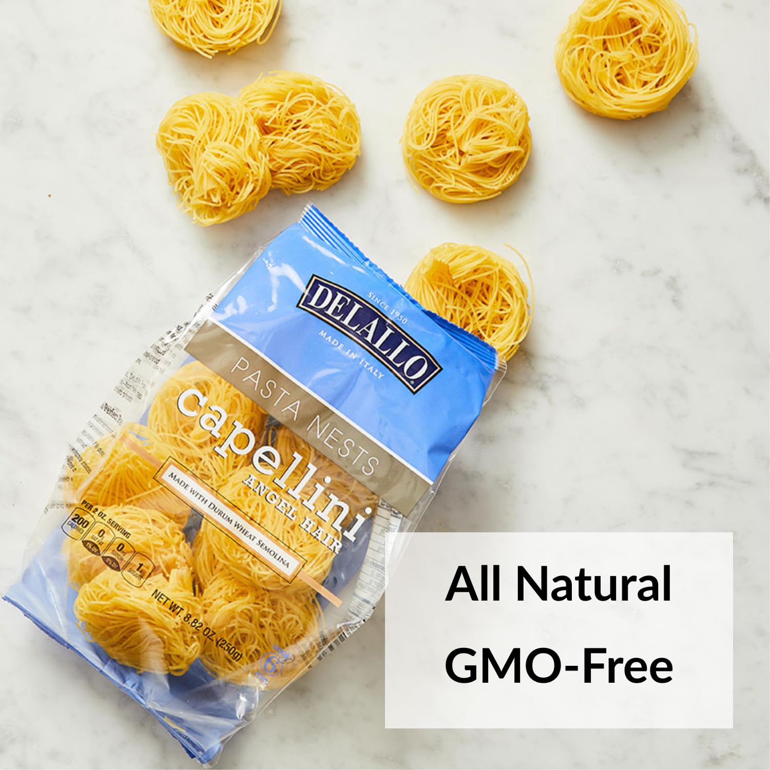 DeLallo Capellini Angel Hair Pasta Nests, Made in Italy, Made with Durum Wheat Semolina Non-Enriched Flour, All Natural, Kosher, Non-GMO, Preservative