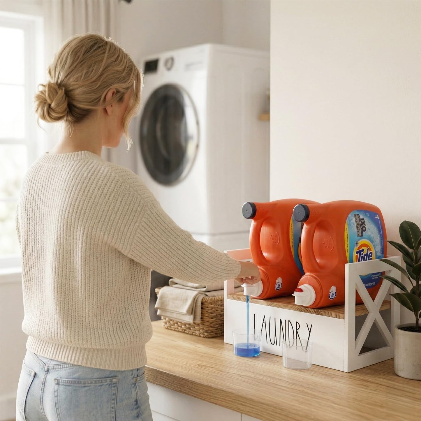 Detergent Holder for Laundry Room, Farmhouse Liquid Soap Dispenser, Detergent Storage Organization Stand with Drip Catcher Drip Tray Measuring Cup