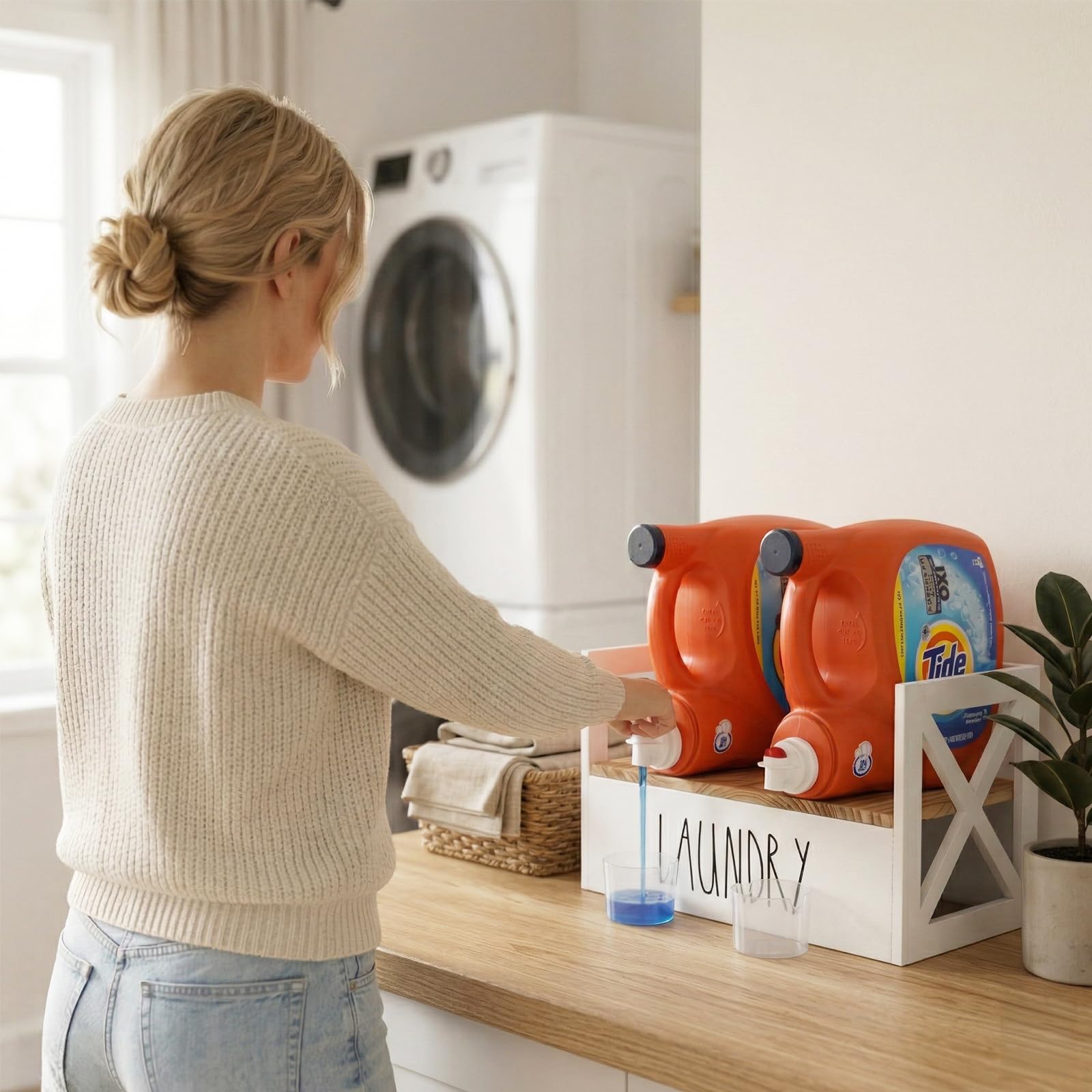 Detergent Holder for Laundry Room, Farmhouse Liquid Soap Dispenser, Detergent Storage Organization Stand with Drip Catcher Drip Tray Measuring Cup