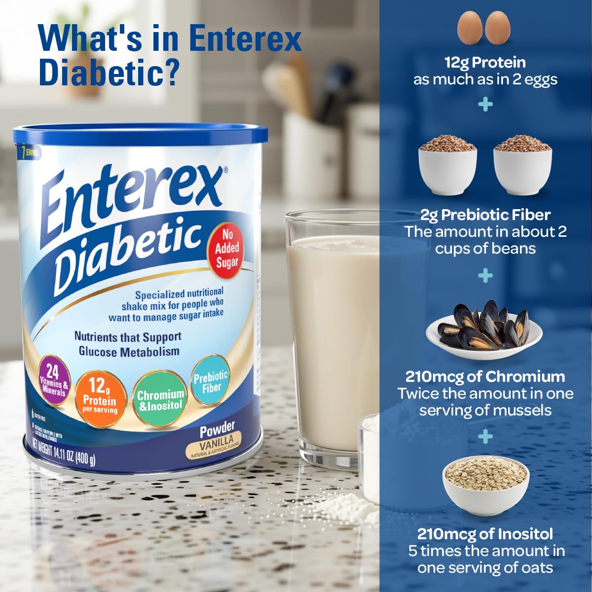 Enterex Diabetic Ready-to-Mix Nutritionally Complete Powder - No Added Sugar, Gluten Free, Vanilla Flavor, 400g (7 Servings)