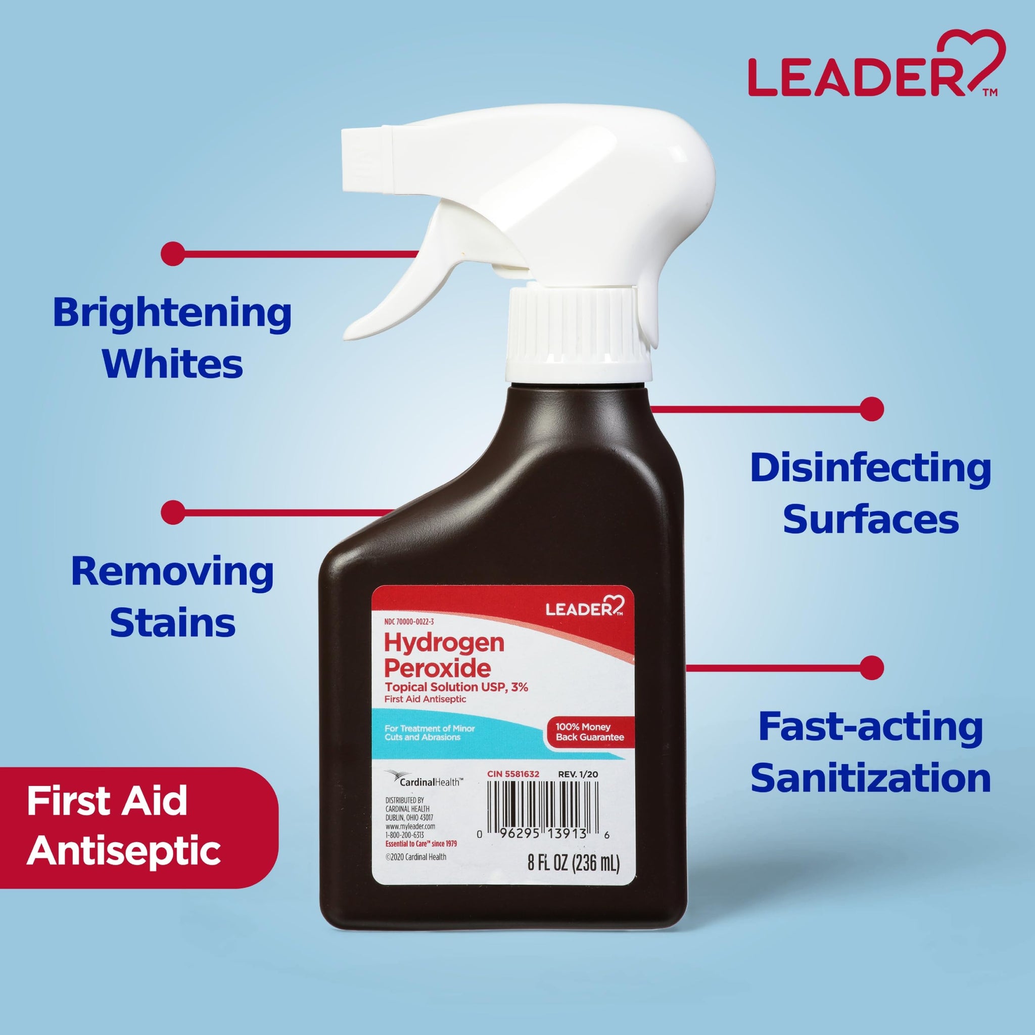 LEADER Hydrogen Peroxide Spray Bottle First Aid Antiseptic 3% Solution - Multi-Purpose Cleaner, Gentle & Effective Disinfectant Spray for Home, Cuts