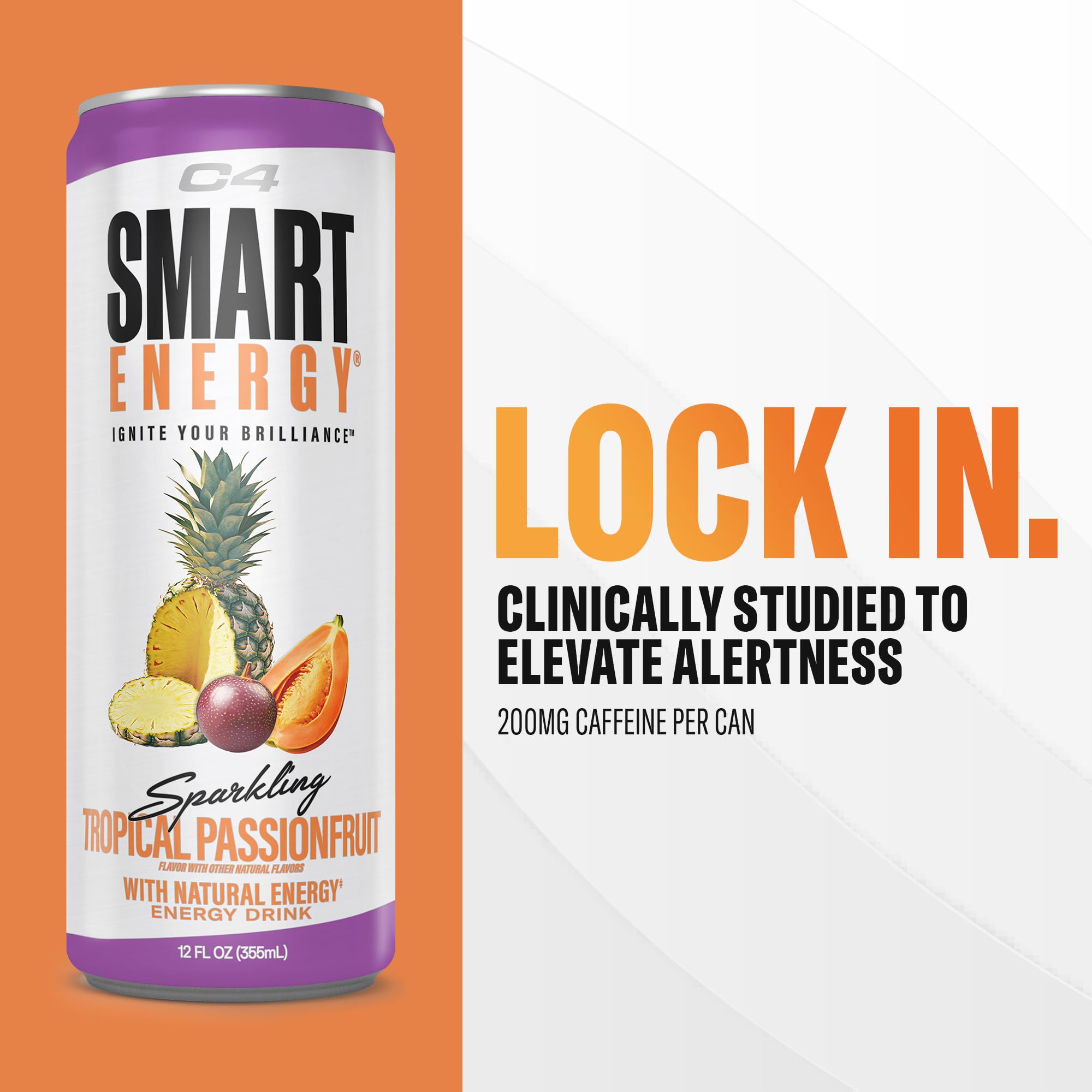 C4 Smart Energy Drink - Sugar Free Performance Fuel & Nootropic Brain Booster, Coffee Substitute or Alternative | Tropical Passionfruit 12 Oz - 12