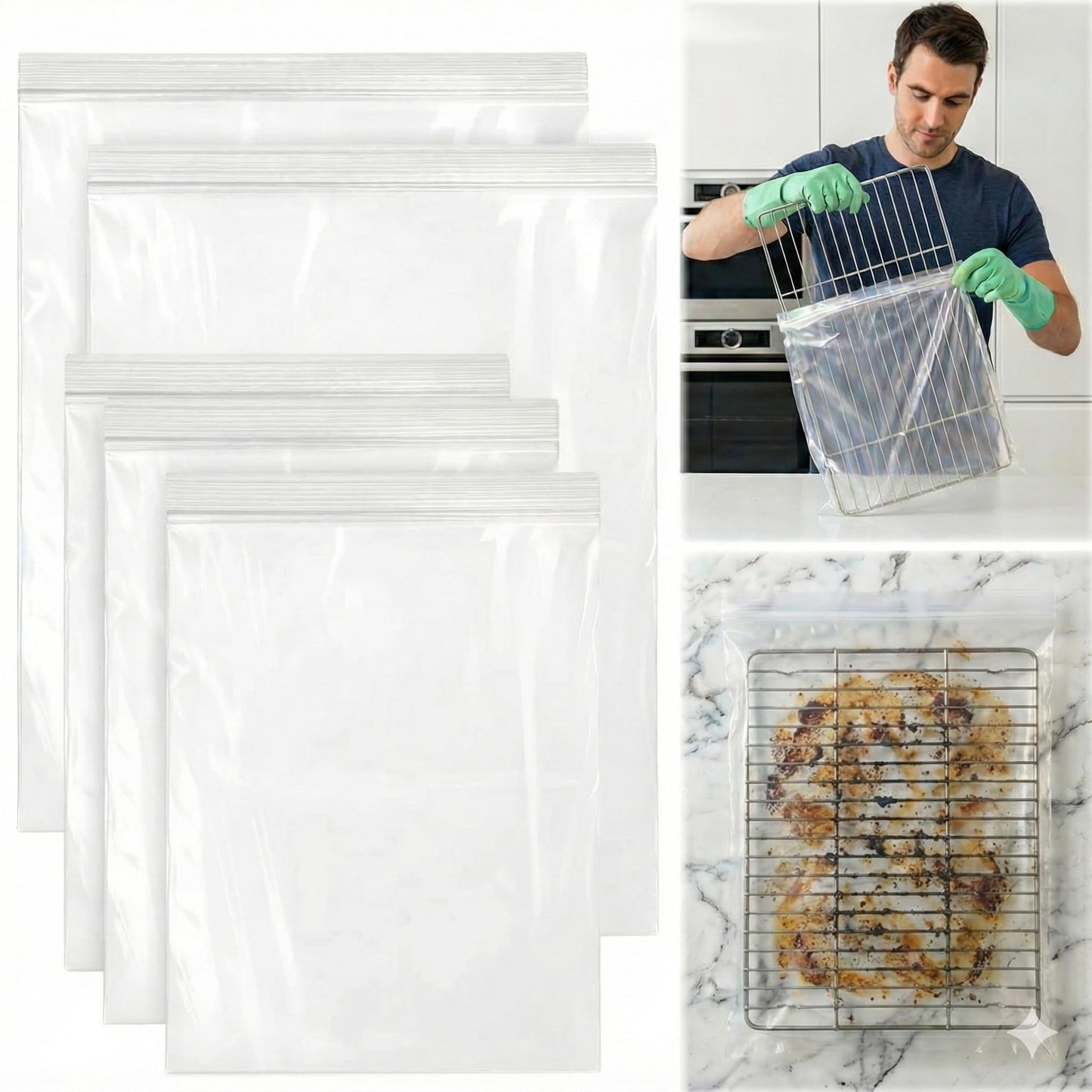 Oven Rack Cleaning Bags 5 Pack, No Scrub Reusable Leakproof Soaking Bags for Grill Grates, BBQ Racks, Stove Grates - Easy Soak & Rinse, No Cleaner