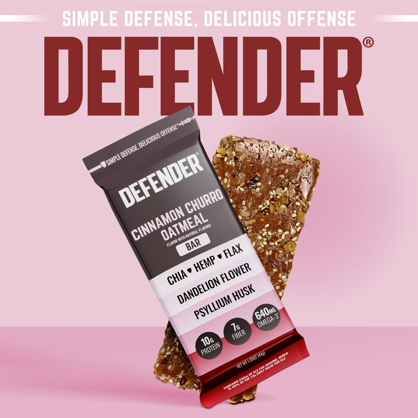 Defender Vegan Protein Bar, Cinnamon Churro Oatmeal, Plant Based Snack or Breakfast Bars, Psyllium Husk, Dandelion Root, High Fiber, Non GMO, Kosher