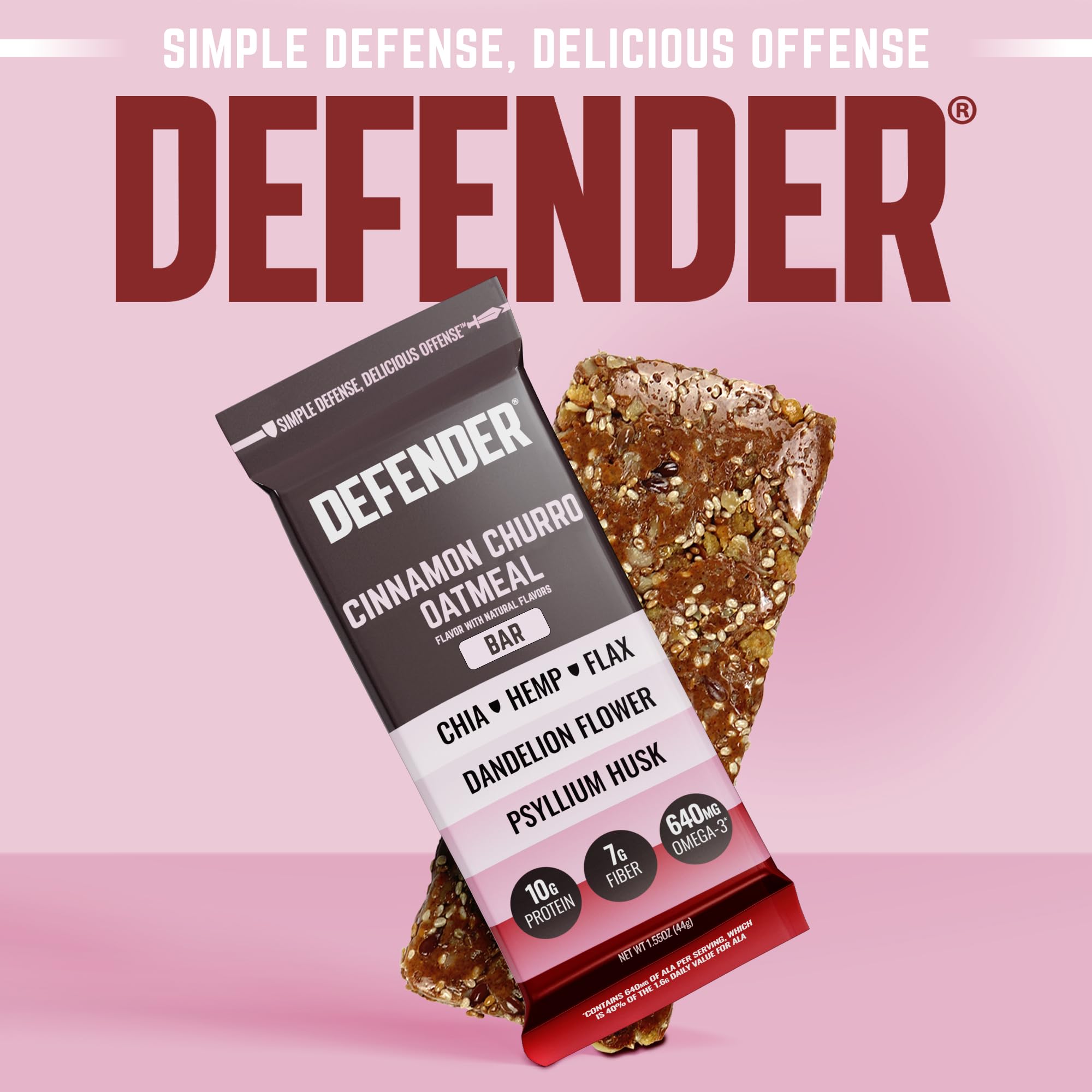 Defender Vegan Protein Bar, Cinnamon Churro Oatmeal, Plant Based Snack or Breakfast Bars, Psyllium Husk, Dandelion Root, High Fiber, Non GMO, Kosher