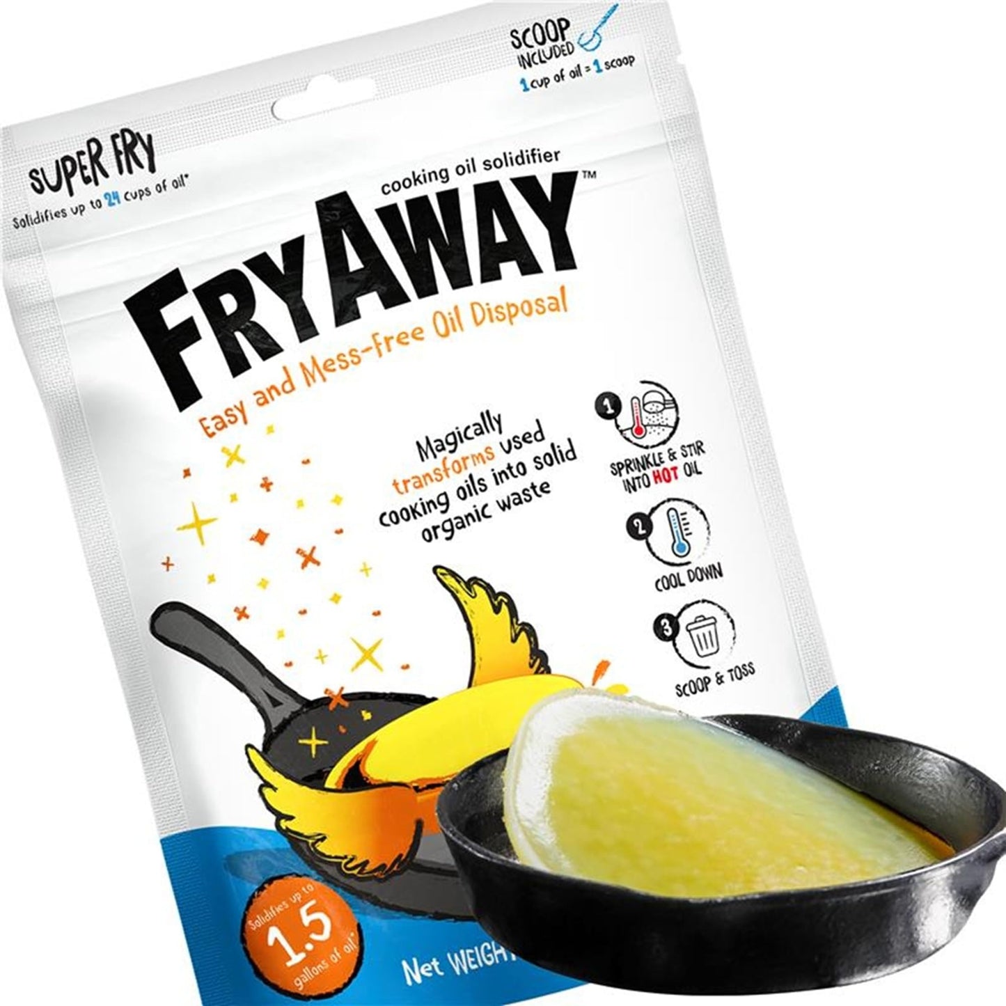 FryAway® Super Fry Cooking Oil Solidifier Powder, Resealable Pouch with Scoop, Solidifies Up to 24 Cups, Plant-Based Grease Solidifier, Oil Hardener