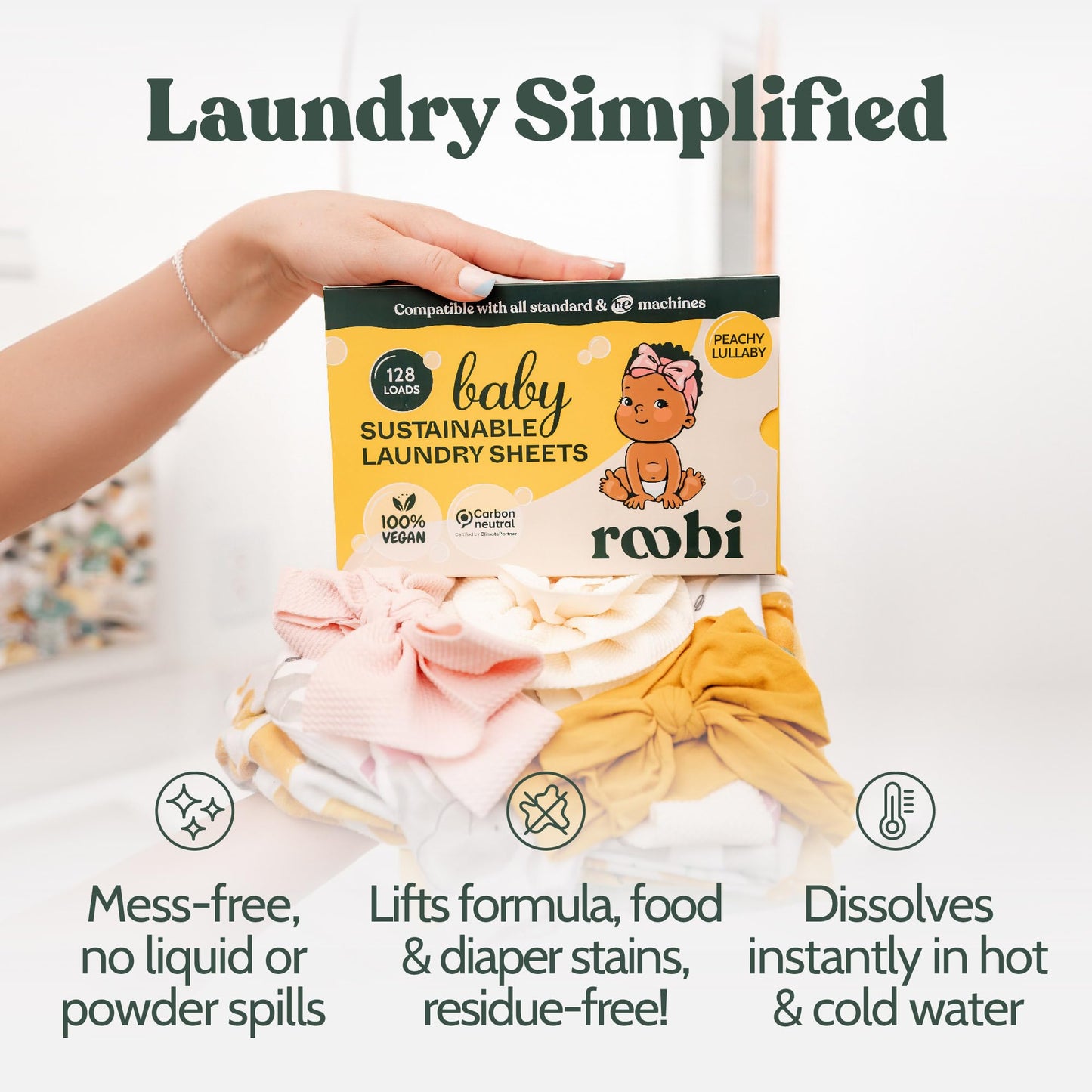 Roobi Baby Laundry Detergent Sheets. Specially Formulated for Sensitive Skin. Newborns, Infants & Toddlers Clothes. Peachy Lullaby Scent. Up to 128