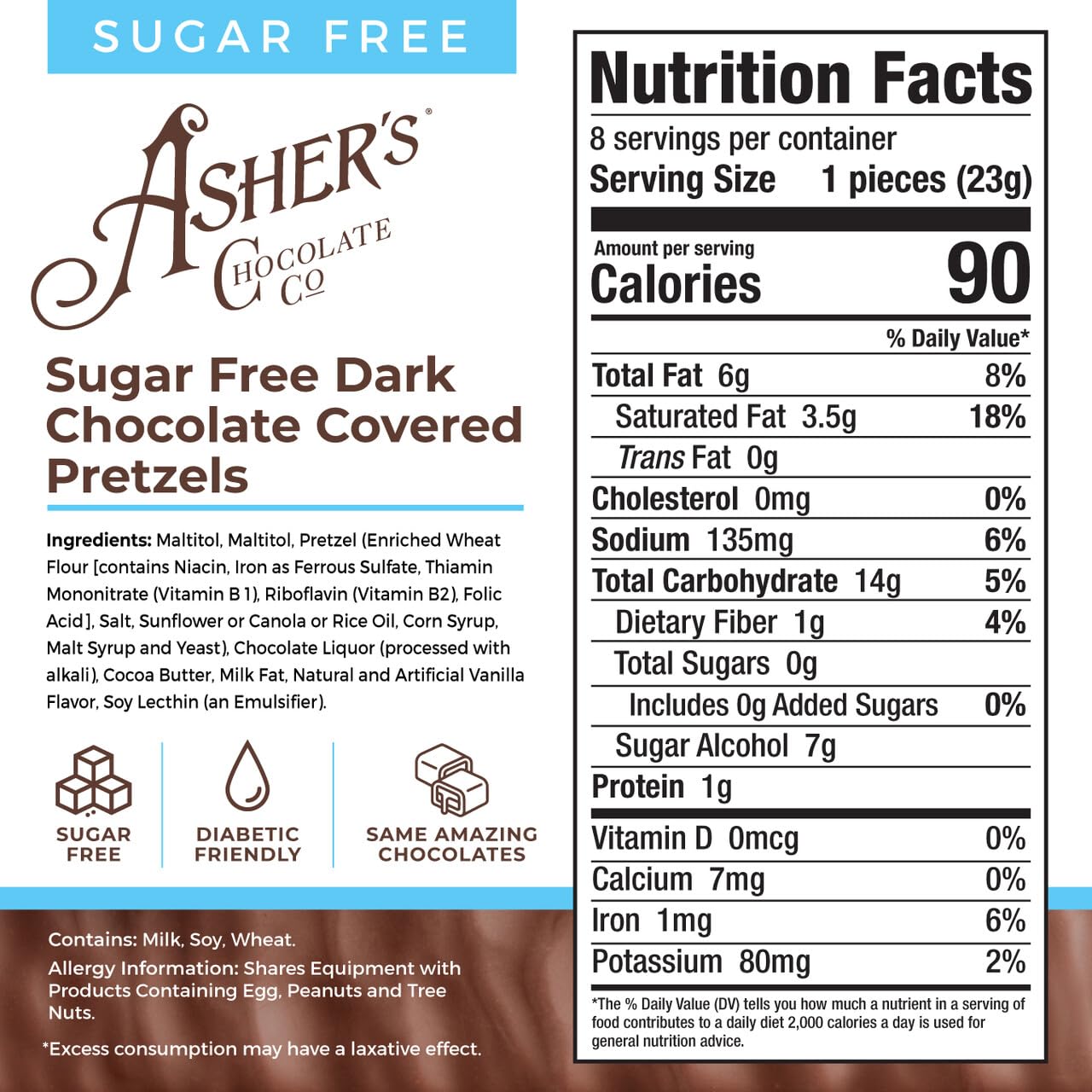 Asher's Chocolates Sugar Free Chocolate Covered Pretzel, 8 Large and Delicious Pretzels in Decorative Box, Diabetic Friendly, No Sugar Added, Gourmet