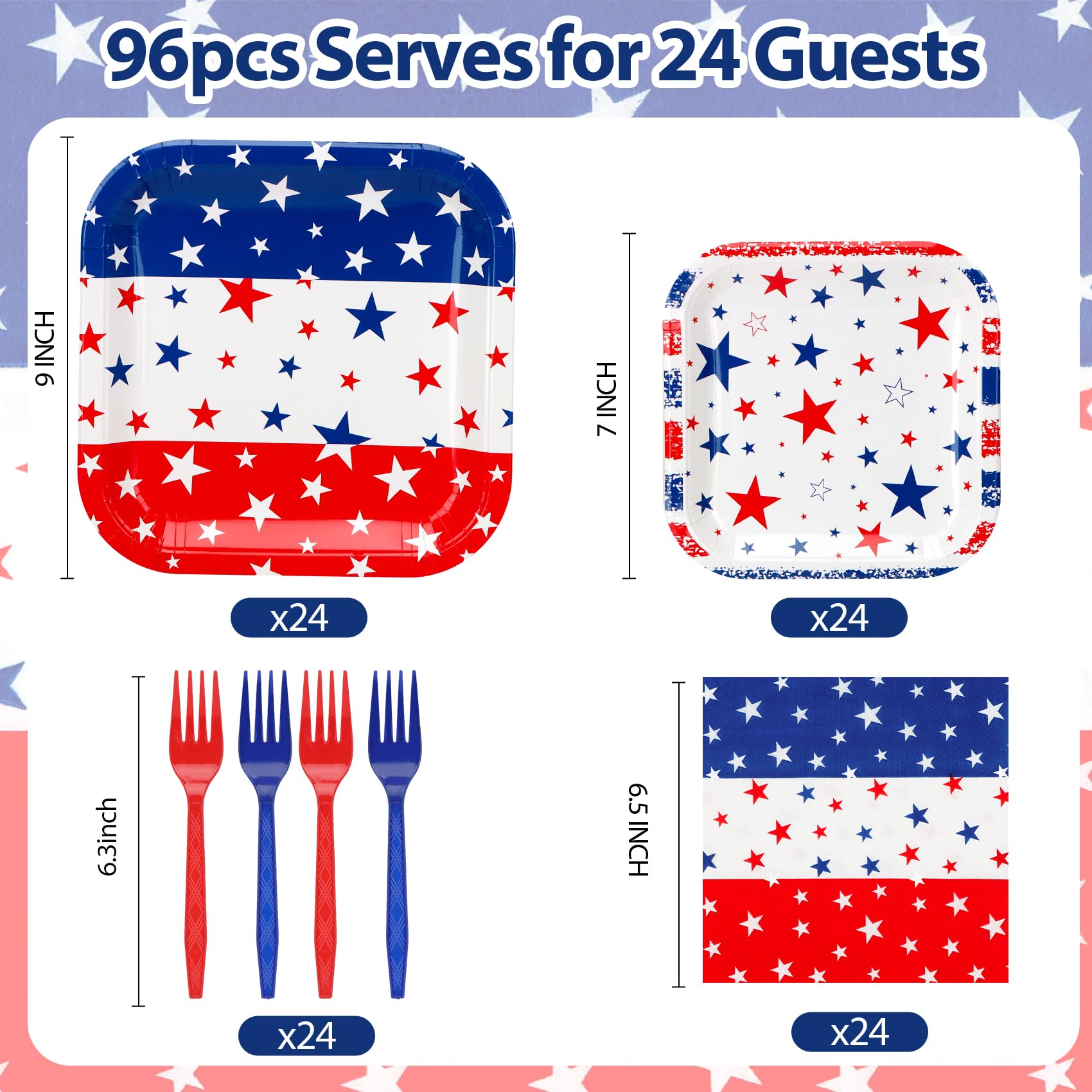 Patriotic Plates and Napkins,96Pcs 4th of July Tableware Set, American Flag Patriotic Party Supplies with Disposable Paper Plates, Napkins,Forks