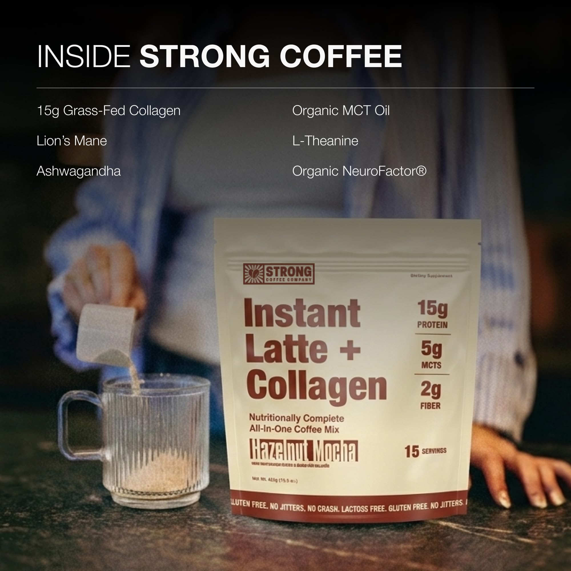 STRONG Coffee Co. Hazelnut Instant Latte | Organic Coffee with Collagen Protein | Lion’s Mane & L-Theanine | Adaptogens & Nootropics | 15 Servings