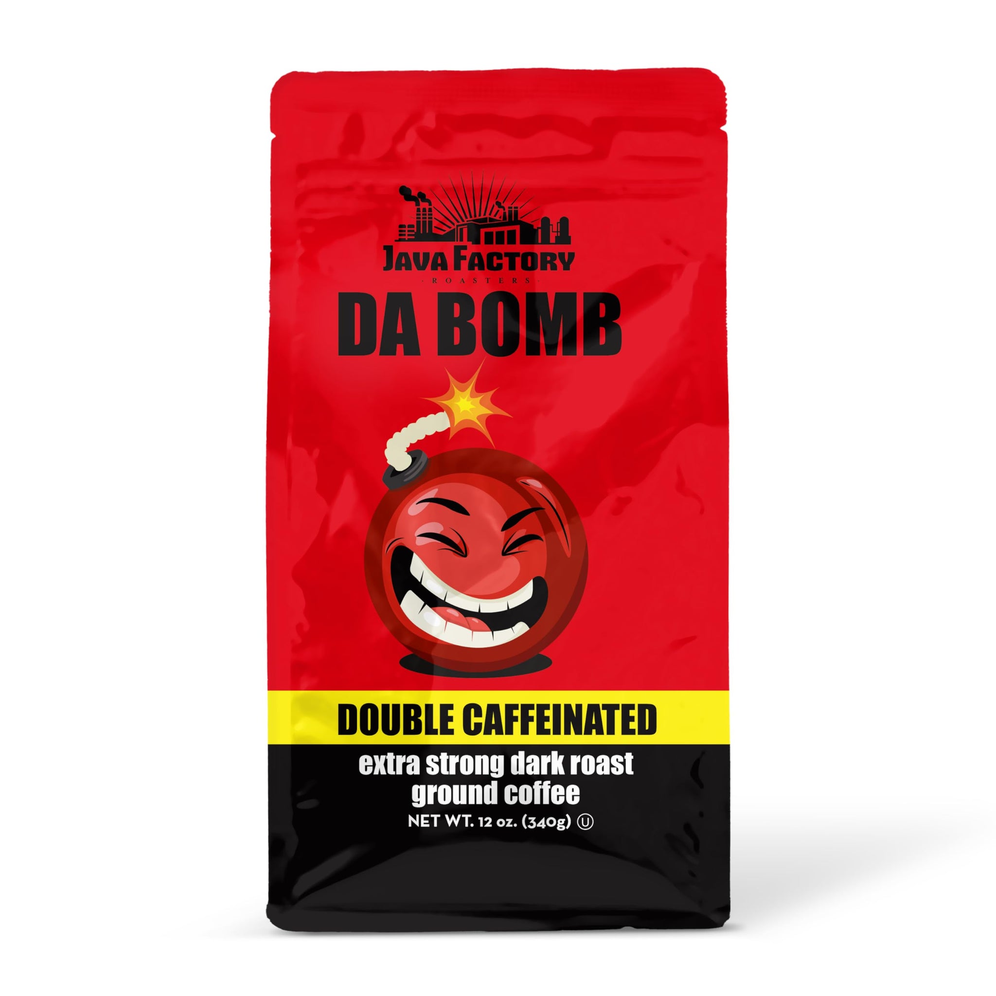 Java Factory High Caffeine Ground Coffee, Da Bomb Dark Roast, Double Caffeinated for a Bold, Strong Brew, 12 Ounce Bag, Perfect for French Press