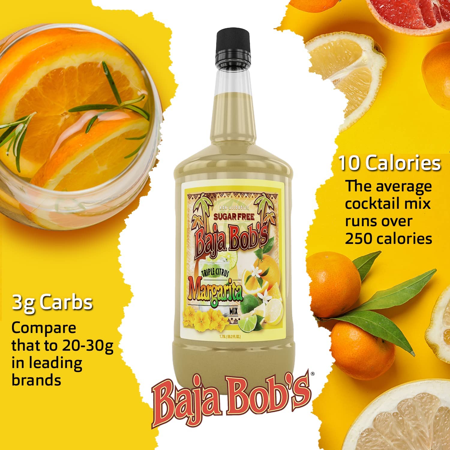 Baja Bob's Sugar Free TRIPLE CITRUS MARGARITA Mix, 1.75L - Cocktail Mixer - Keto Friendly - Low Calorie - Low Carb