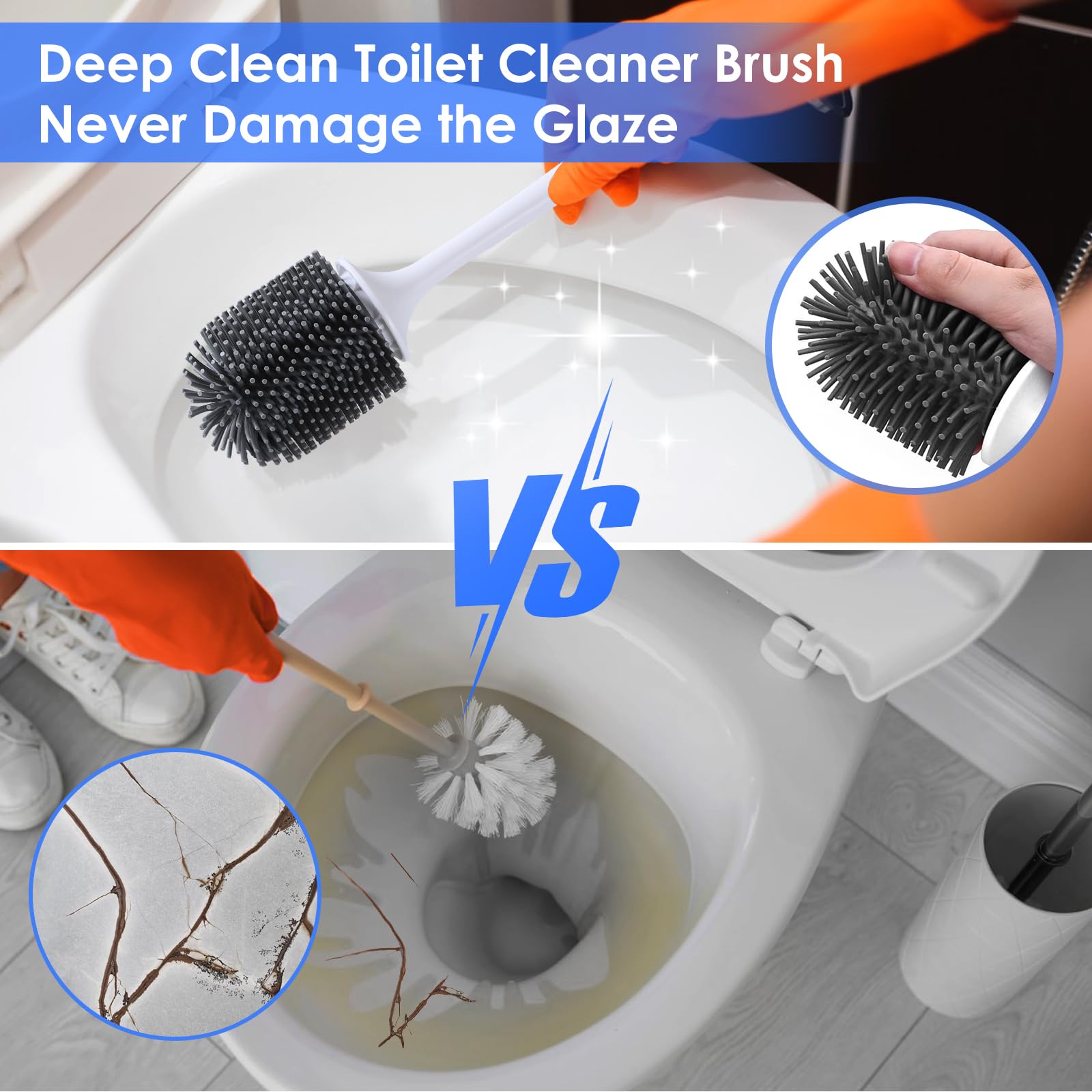 Cenivi Silicone Toilet Brush with Ventilated Holder Set, Rubber Bristles Brush Head, Bathroom Accessories Toilet Bowl Scrubber Cleanner, Freestanding