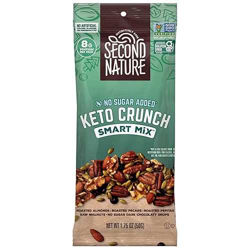 Second Nature Keto Crunch Smart Snack Mix, 1.75 oz Individual Packs (Pack of 12) - Keto Gluten Free Snack - No Sugar Added Dark Chocolaty Drops