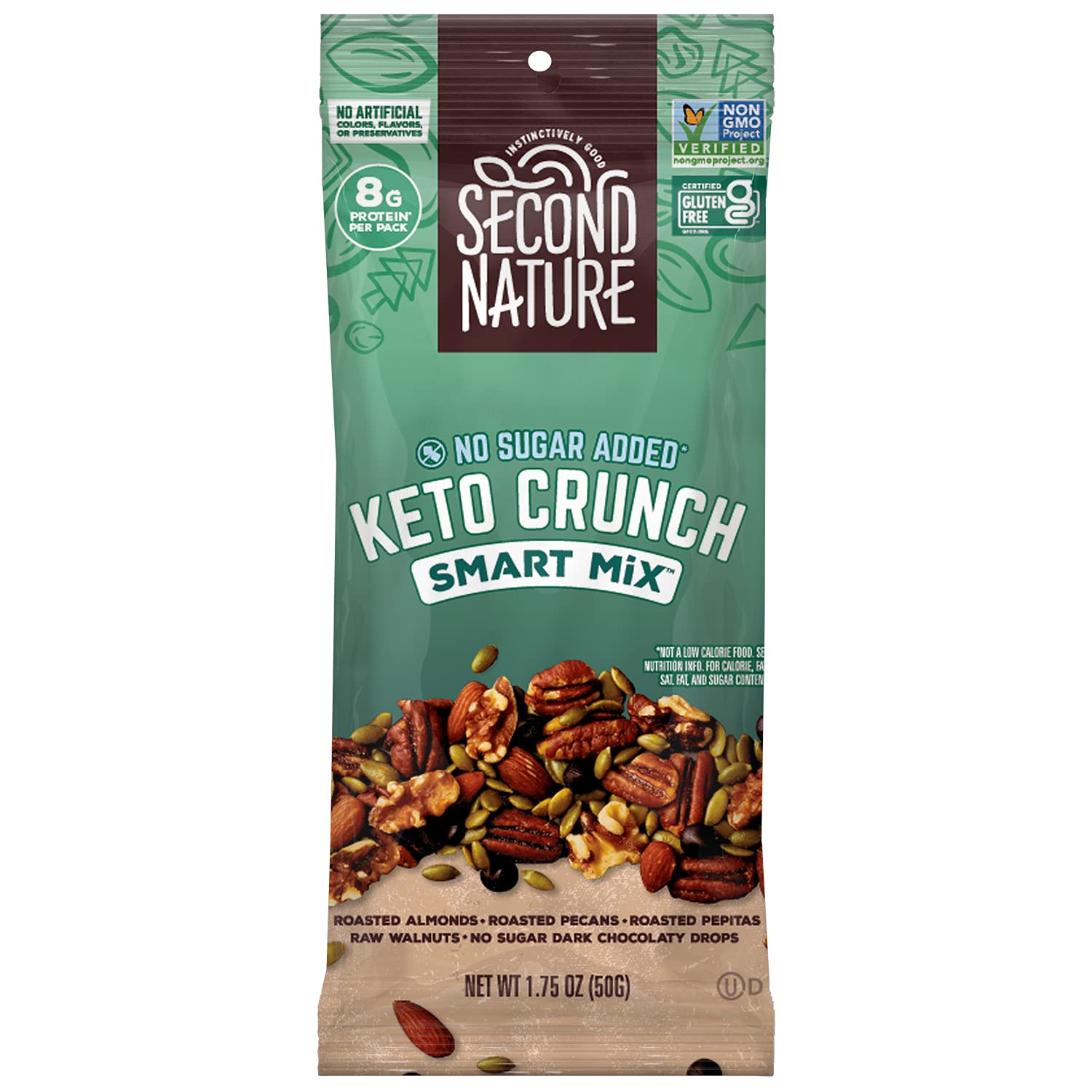 Second Nature Keto Crunch Smart Snack Mix, 1.75 oz Individual Packs (Pack of 12) - Keto Gluten Free Snack - No Sugar Added Dark Chocolaty Drops