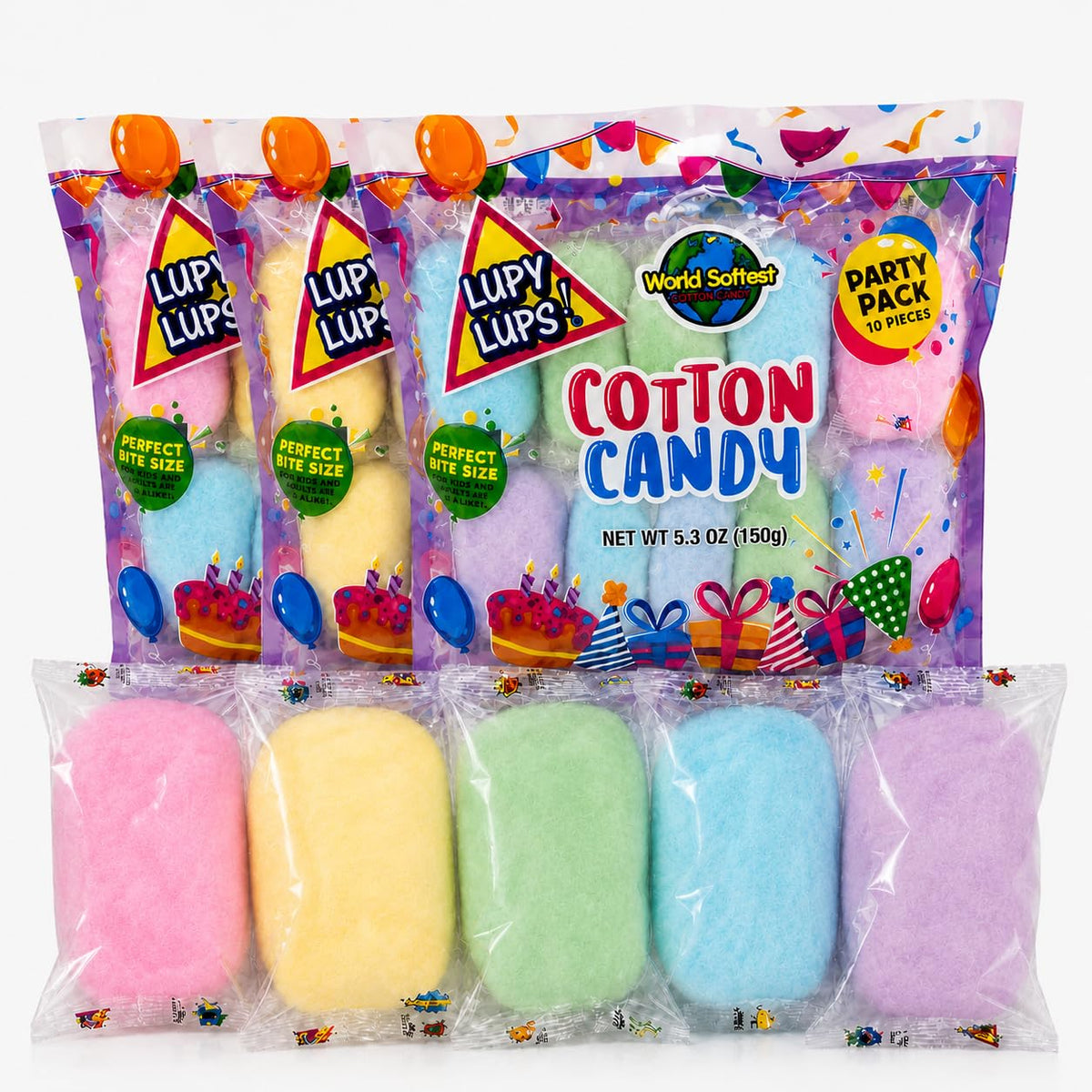 Lupy Lups! Cotton Candy Party Pack - Individually Wrapped Mini Bags, 0.5 oz Each - Perfect for Parties, Stockings & Piñatas - Assorted Flavors - Pack