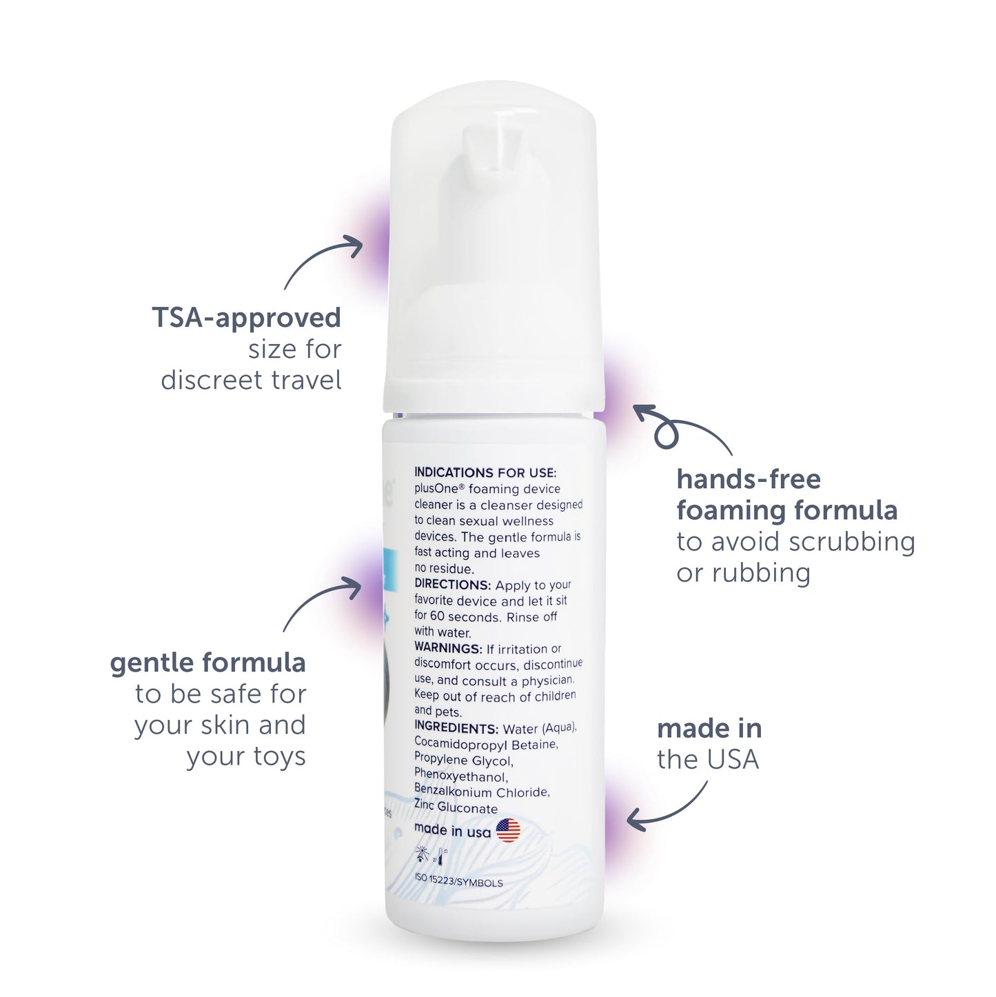 plusOne Adult Toy Foaming Cleaner, Fragrance Free, Pro-Skin Gentle Formula, Non-Sticky, No Scrubbing, Easy To Use Dispenser, TSA Approved
