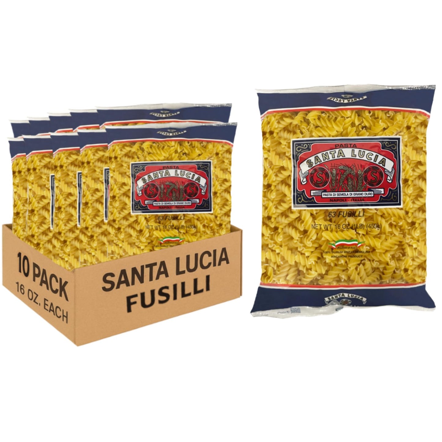 Pasta Santa Lucia Fusilli, Pack Of 10 (16 Oz Each), Authentic Italian Corkscrew Rotini, 100% Durum Wheat For Pasta Salad, Pesto, & Thick Sauces