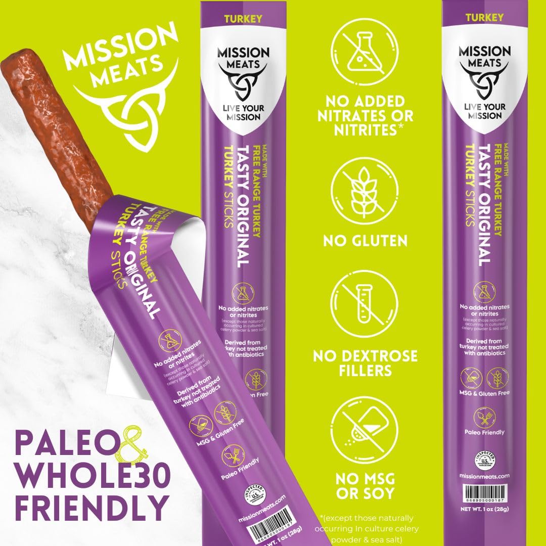 Mission Meats Turkey Sticks, 100% Free Range Turkey Jerky, Zero Sugar, Delicious Healthy Snacks, 9g Protein, Individually Wrapped, Gluten Free