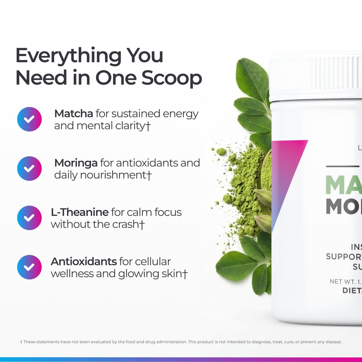 Livingood Daily Matcha + Moringa Powder, 30 Servings - 2in1 Matcha Powder and Moringa Supplement for Radiant Skin - Instant Green Tea with L Theanine