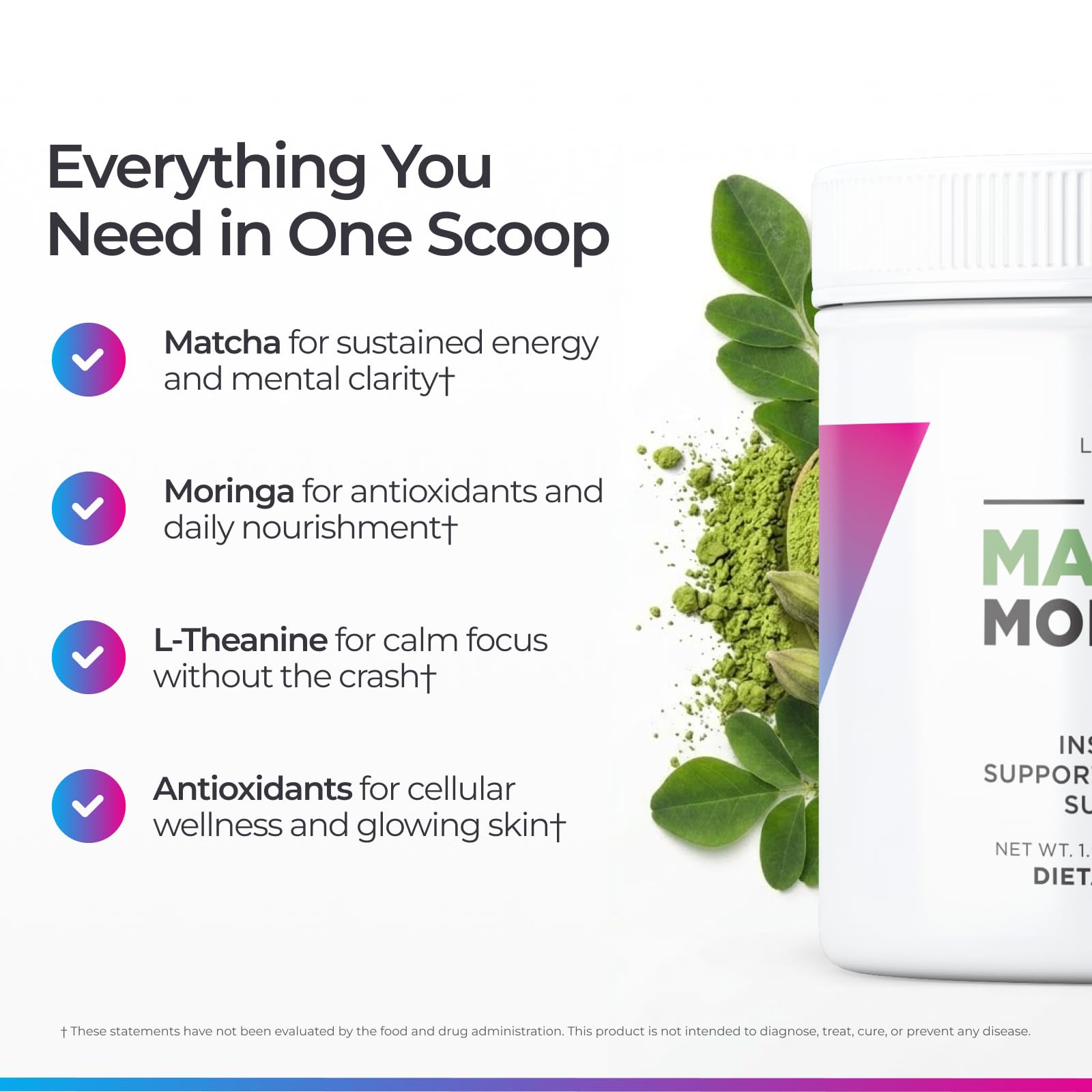 Livingood Daily Matcha + Moringa Powder, 30 Servings - 2in1 Matcha Powder and Moringa Supplement for Radiant Skin - Instant Green Tea with L Theanine