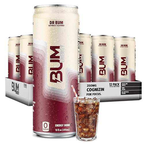 BUM Sugar-Free Energy Drink, Dr BUM - Lightly Carbonated & No Artificial Colors, Natural Caffeine & Citicoline for Energy & Focus, Brain Boost