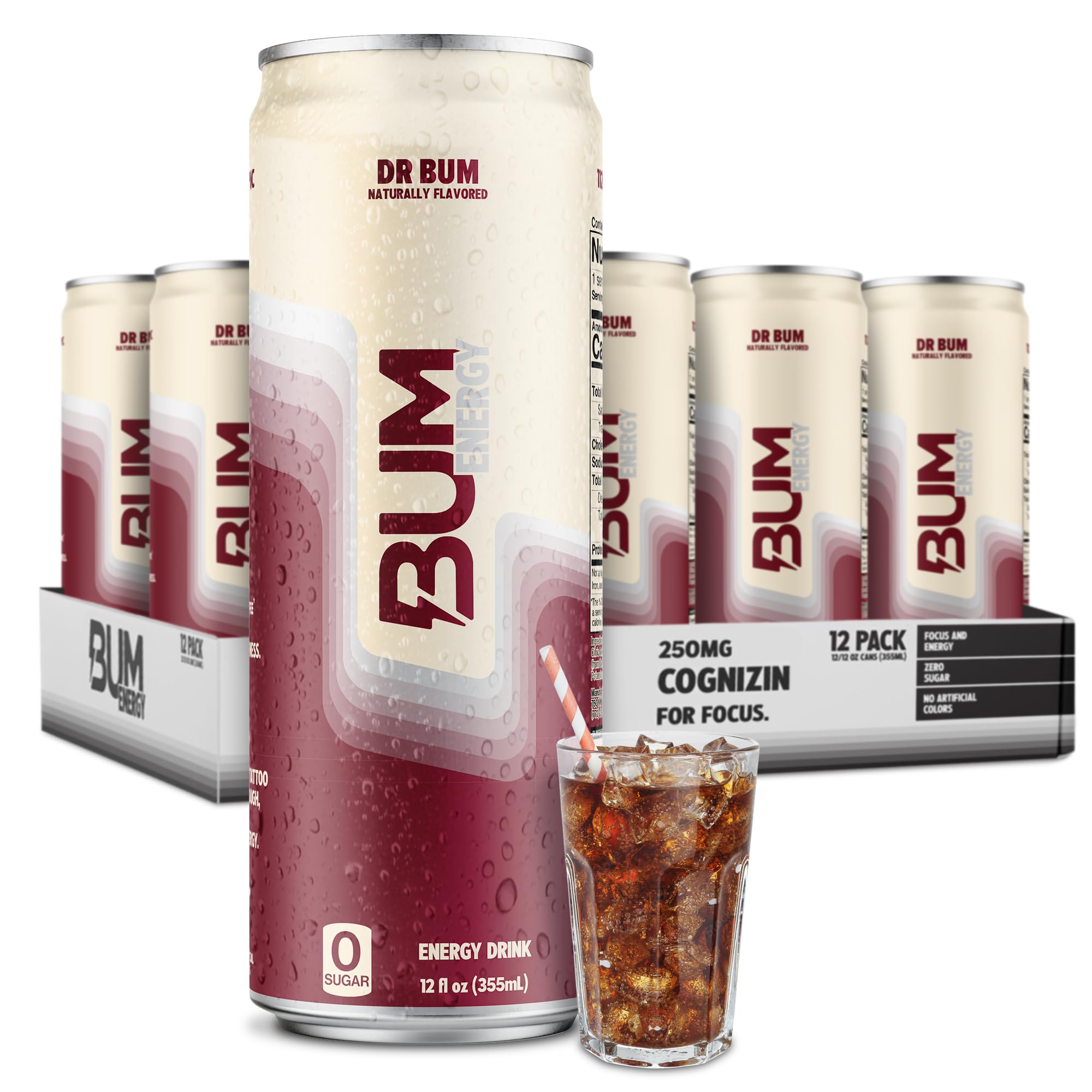 BUM Sugar-Free Energy Drink, Dr BUM - Lightly Carbonated & No Artificial Colors, Natural Caffeine & Citicoline for Energy & Focus, Brain Boost
