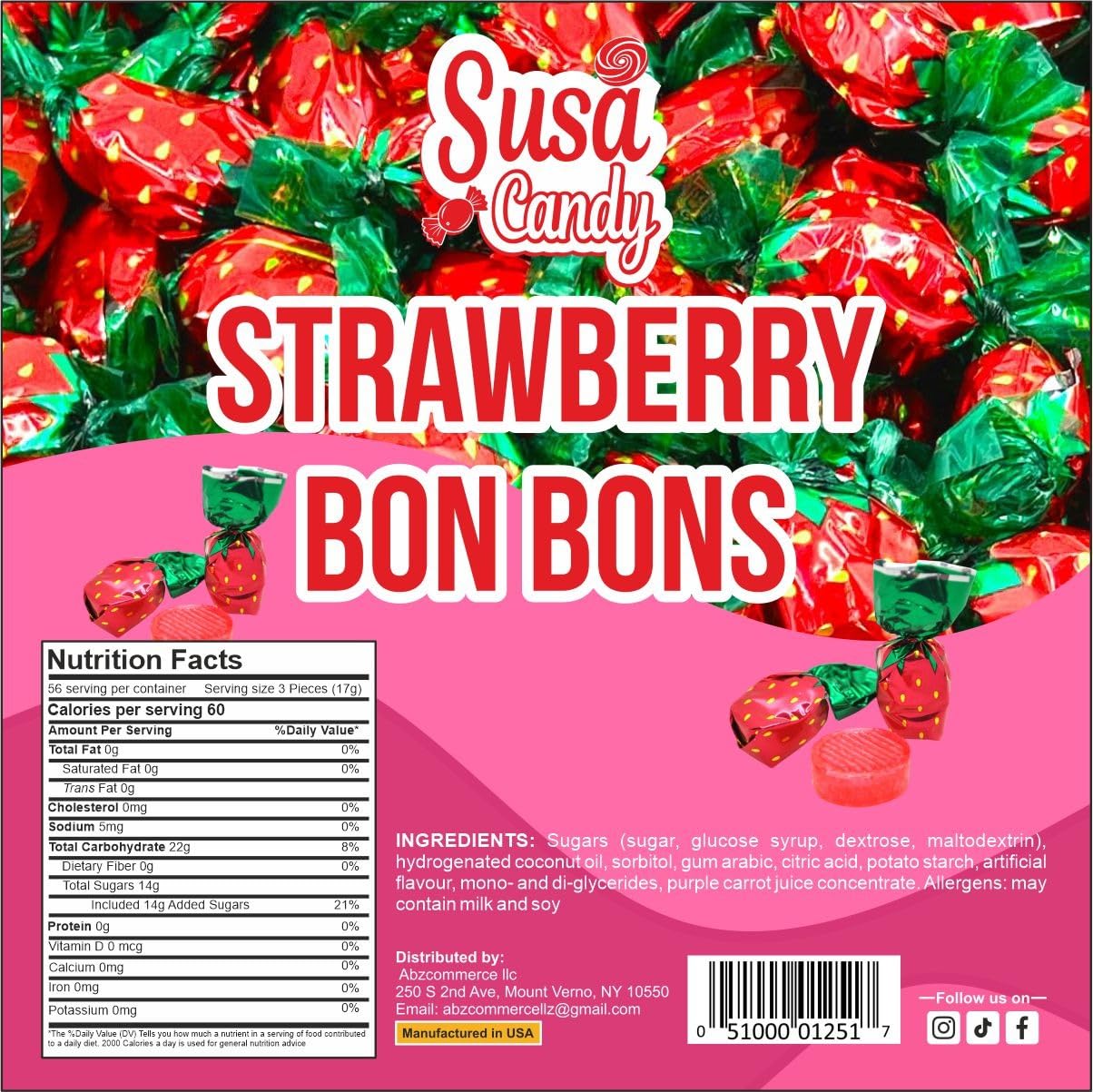 Susa Candy Strawberry Filled Bon Bons | 1 Pound Bag | Hard Candy - Approx. 60 Count