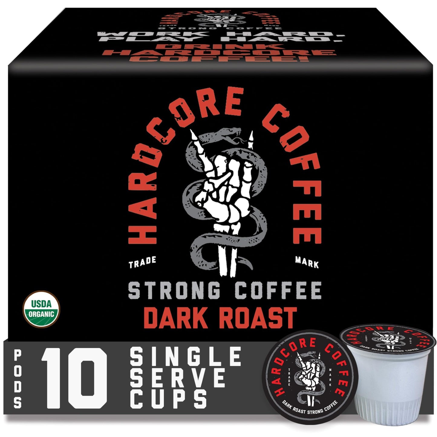 Hardcore Single Serve Coffee Pods for Keurig K Cup Brewers, High Caffeine, Strong Roast, 10 Count