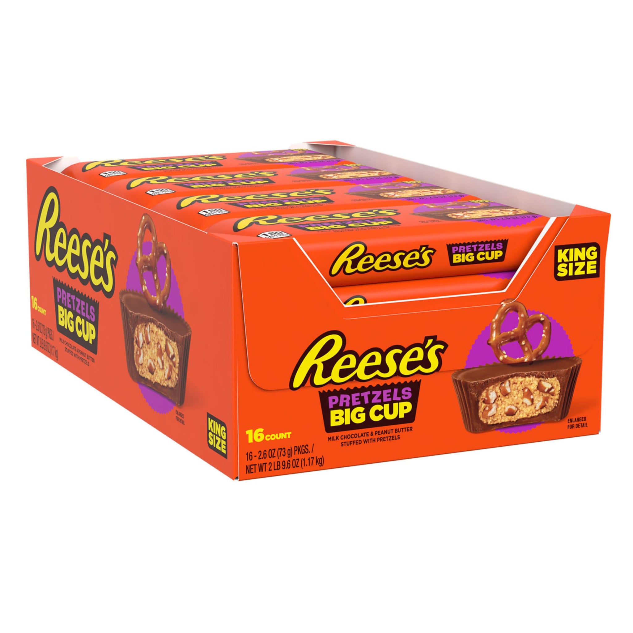 REESE'S Big Cup with Pretzels Milk Chocolate King Size Peanut Butter Cups, Candy Packs, 2.6 oz (16 Count)