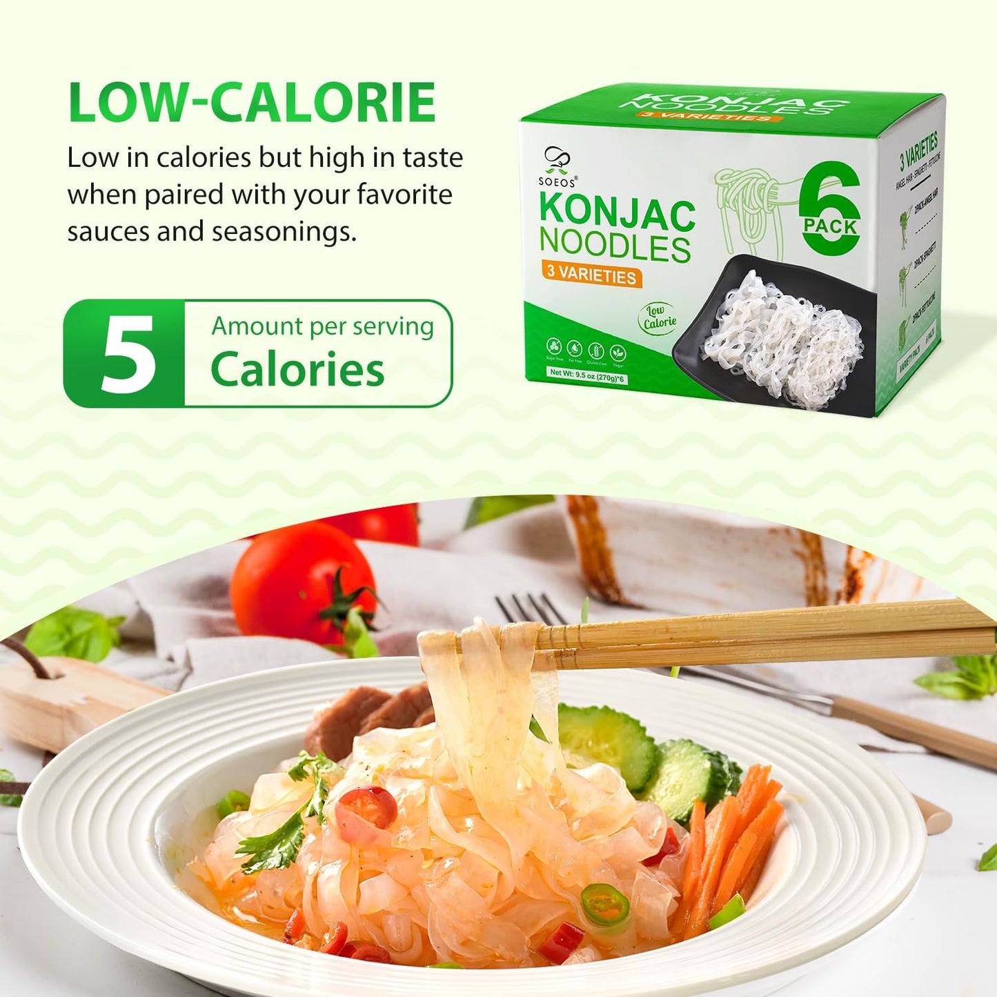 Soeos Konjac Noodles, Shirataki Noodle, 9.5 oz (270g)*6 Packs, Low Calorie, Low Carb, Keto and Paleo Friendly, 3 Variety Noodles, Fettuccine, Angel
