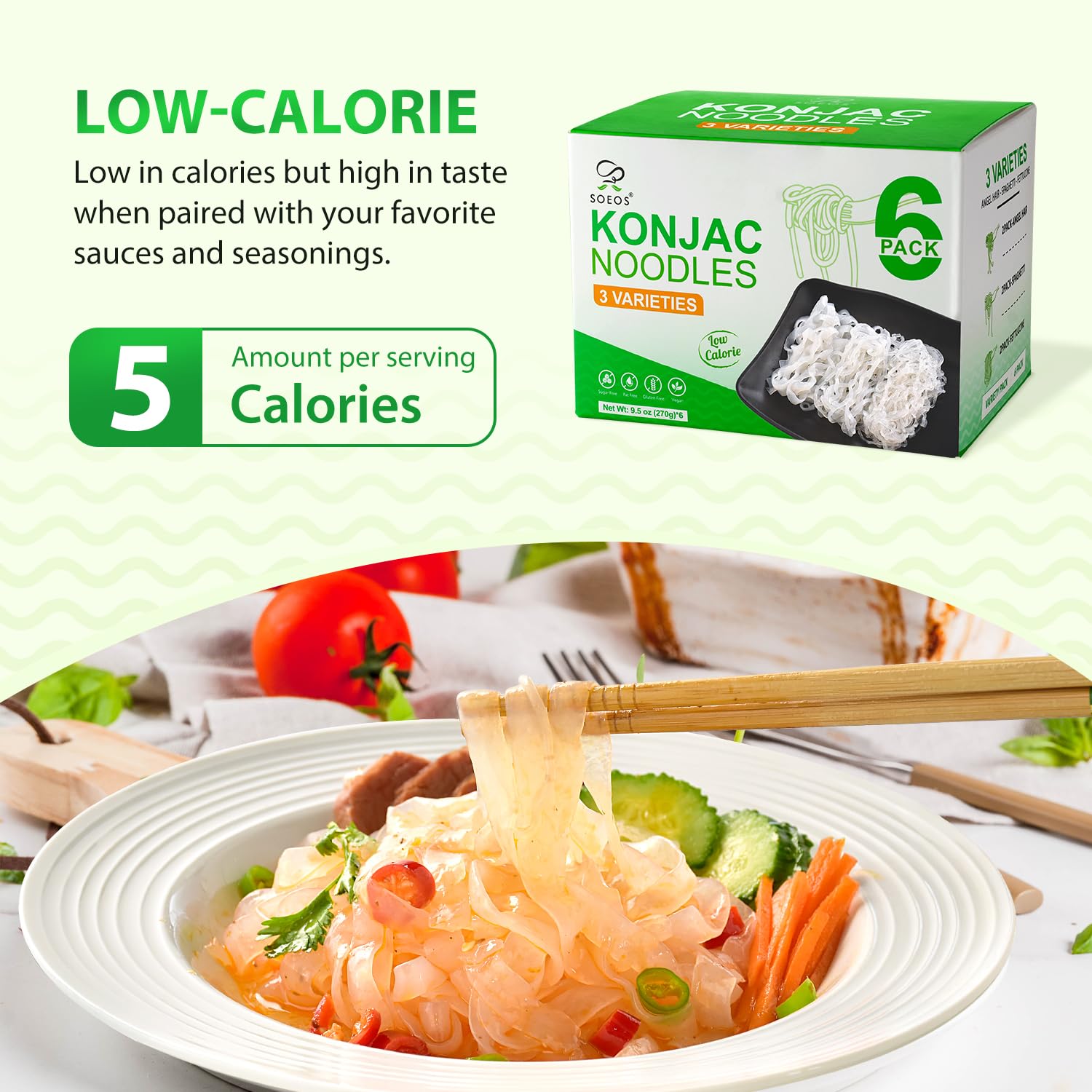 Soeos Konjac Noodles, Shirataki Noodle, 9.5 oz (270g)*6 Packs, Low Calorie, Low Carb, Keto and Paleo Friendly, 3 Variety Noodles, Fettuccine, Angel