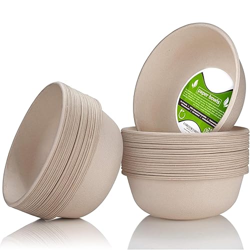 Shimglim 18oz Disposable Sturdy Paper Bowls, Microwave-Safe, Compostable Heat Resistant Soup Bowl, Biodegradable Bagasse Hot Food Plates and Bowls