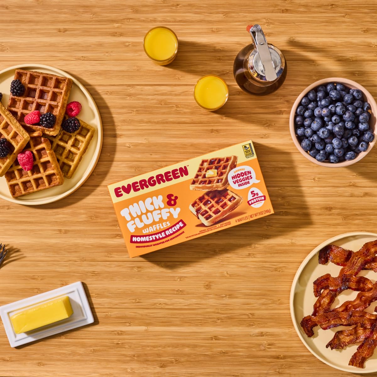 Evergreen Thick & Fluffy Waffles, Homestyle Recipe - Whole Grains, No Preservatives, Nut-Free, Individually Wrapped, Air Fryer Ready, Frozen