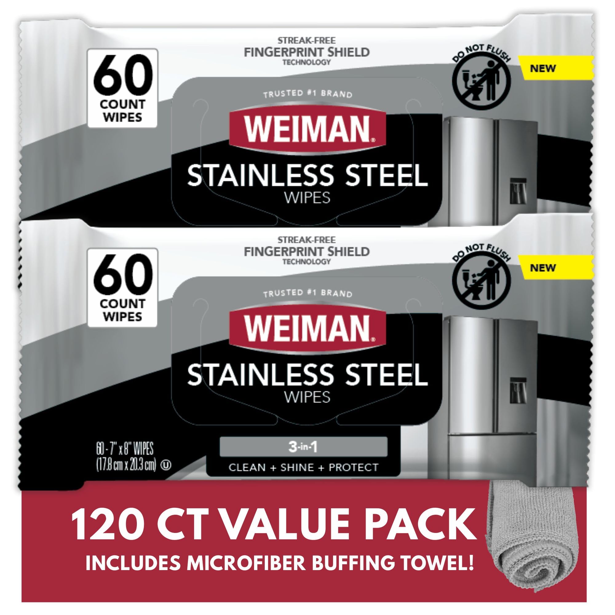 Weiman Stainless Steel Cleaner & Polish Kit, 2 Wipes & Cloth, Anti-Fingerprint, Removes Grease, Water Spots, Streaks & Residue, Polishing Cleaner Safe