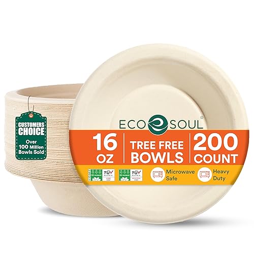 ECO SOUL Disposable Paper Bowls 16 oz, 200 Pack - Biodegradable Compostable Sugarcane Bagasse Bowls, Heavy Duty & Microwave Safe, Large Bowls