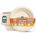 ECO SOUL Disposable Paper Bowls 16 oz, 200 Pack - Biodegradable Compostable Sugarcane Bagasse Bowls, Heavy Duty & Microwave Safe, Large Bowls