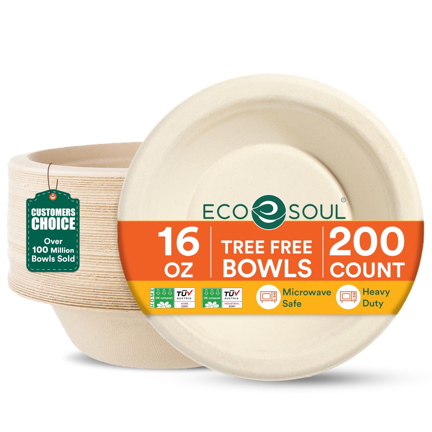 ECO SOUL Disposable Paper Bowls 16 oz, 200 Pack - Biodegradable Compostable Sugarcane Bagasse Bowls, Heavy Duty & Microwave Safe, Large Bowls