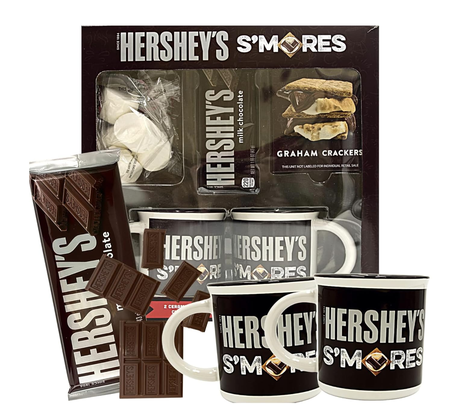 2025 S’mores Holiday Mug Gift Bundle - 2 Festive Mugs with Graham Crackers, Marshmallows & Chocolate Bar - Christmas Hot Cocoa Set