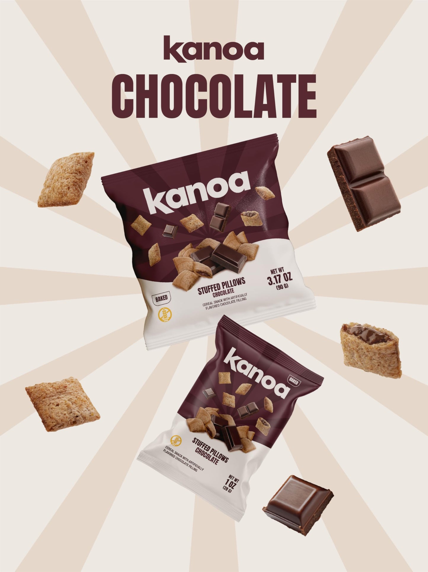 Kanoa Filled Cereal Snacks - 3.17 oz Bags (Pack of 14) - Gluten Free Cereal Pillows Snack (Chocolate)