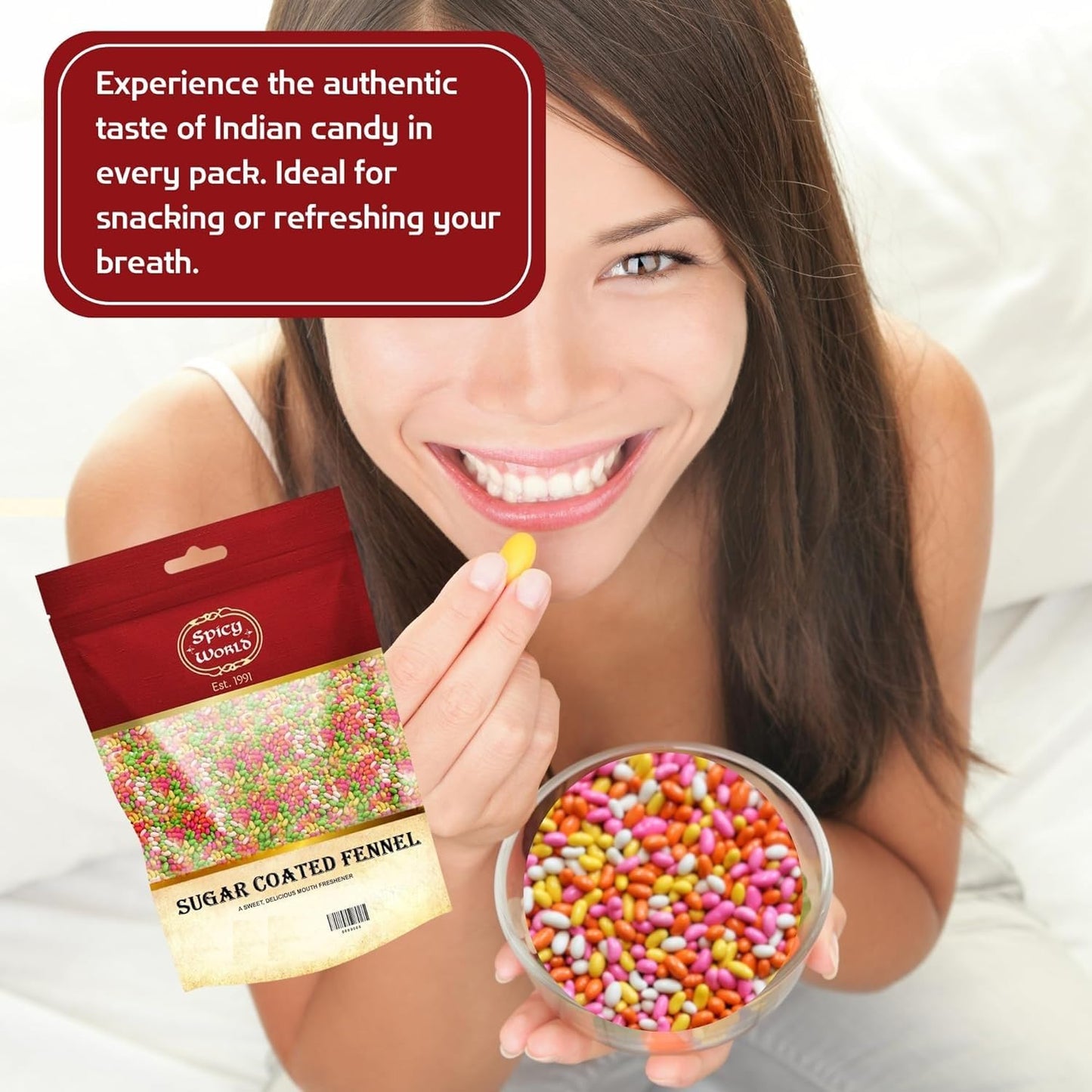 Spicy World Sugar Coated Fennel Seeds | Sweet Saunf Candy for Mouth Freshening - 7 Oz (200g) Pack | Premium Quality Fennel Mouth Freshener | Indian