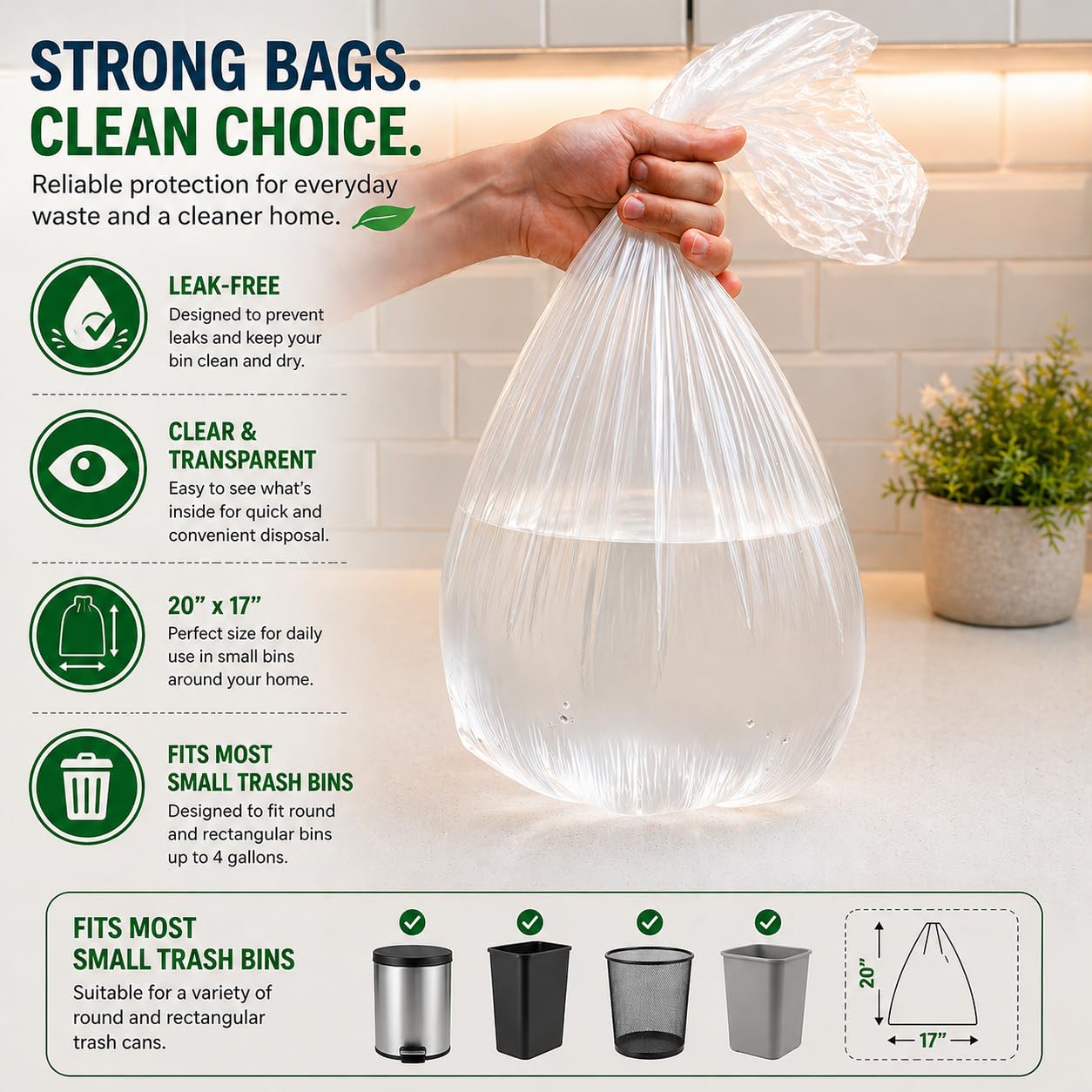 2.6 Gallon Clear Bathroom Trash Bags (240 Bags) 2 Gallon Small Garbage Bags 10 Liter Plastic Wastebasket Trash Can Liners for Home and Office Bins
